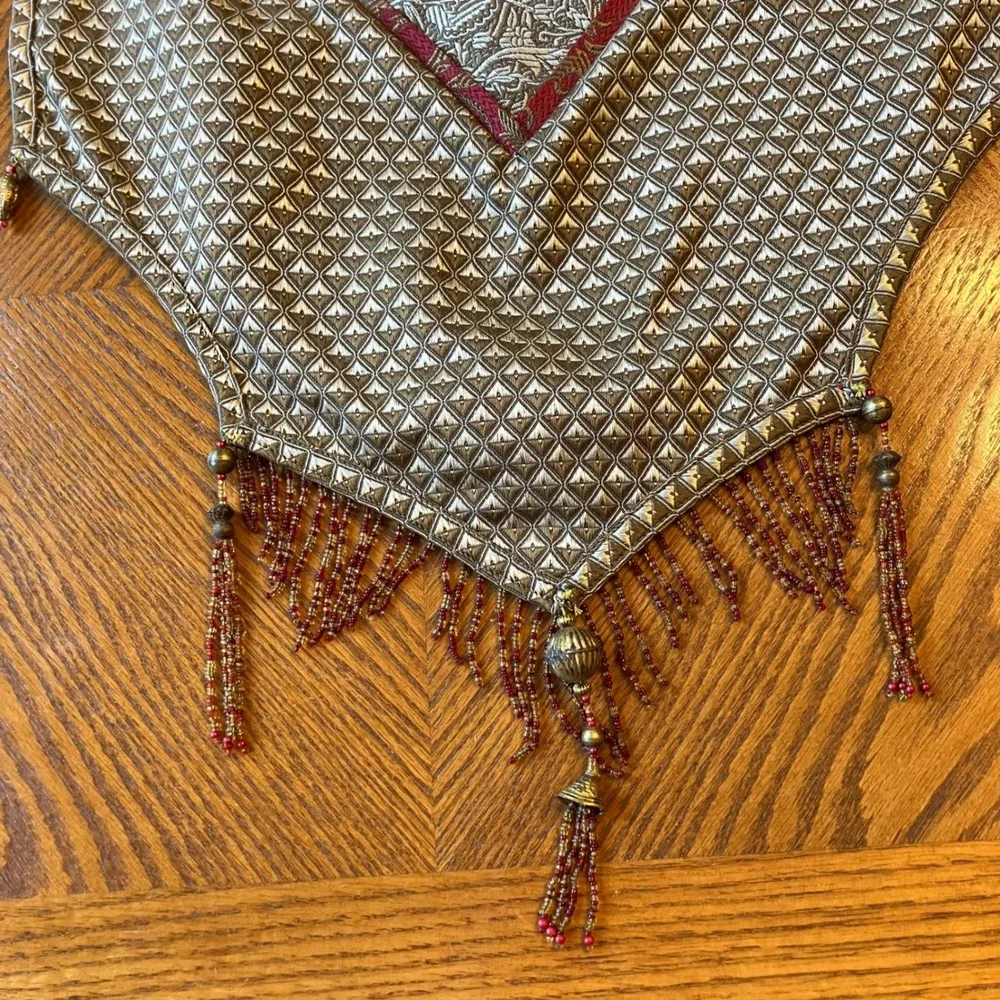 Classic Table Runner Red Gold Beaded Tassel Floral Brocade Castle Royalcore Luxe